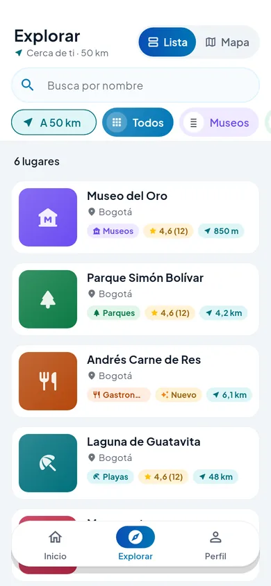 Pantalla de CityScout con la lista de lugares cercanos y filtros por distancia y categoría